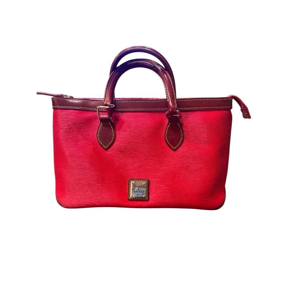 Dooney & Bourke Red Epi Pebbled Leather Satchel Top Handle Purse Brown Trim Zip